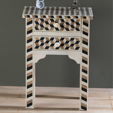 Handmade Geometric Bone Inlay Bed Side Table with Drawers