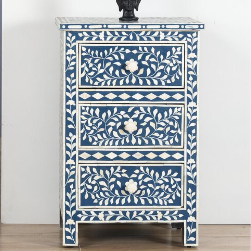 Handmade Blue Floral Bone Inlay 3 Drawer Bedside Table | Luxury Nightstand