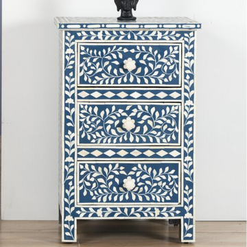 Handmade Blue Floral Bone Inlay 3 Drawer Bedside Table | Luxury Nightstand