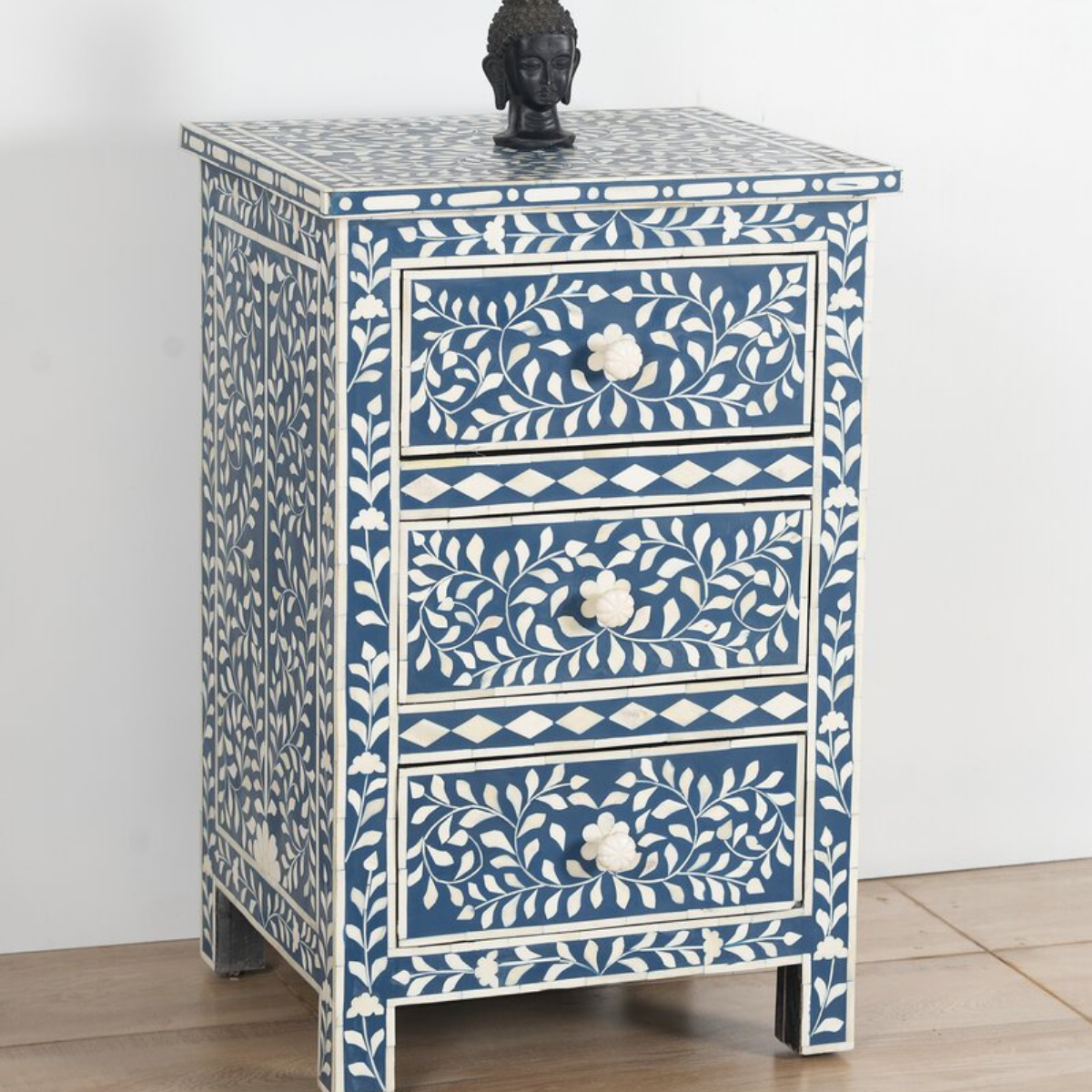 Handmade Blue Floral Bone Inlay 3 Drawer Bedside Table | Luxury Nightstand