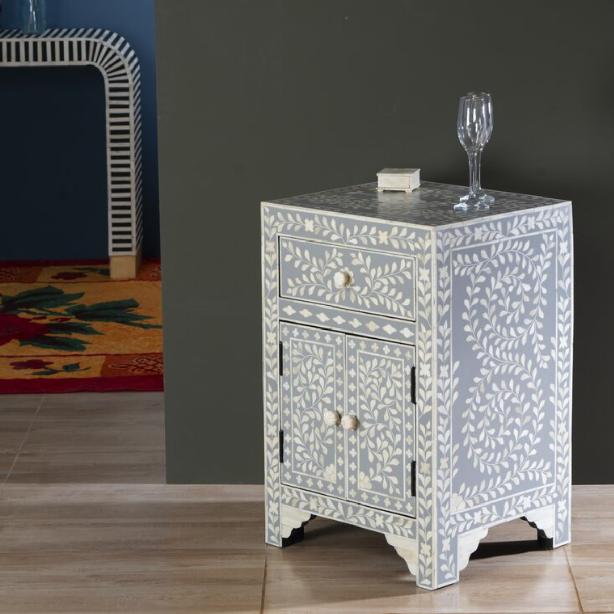 Handmade Grey Floral Bone Inlay Bedside Table | Luxury Nightstand with Drawer & Cabinet