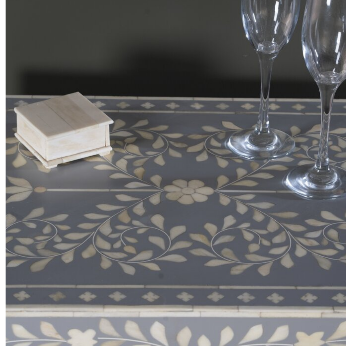 Handmade Grey Floral Bone Inlay Bedside Table | Luxury Nightstand with Drawer & Cabinet