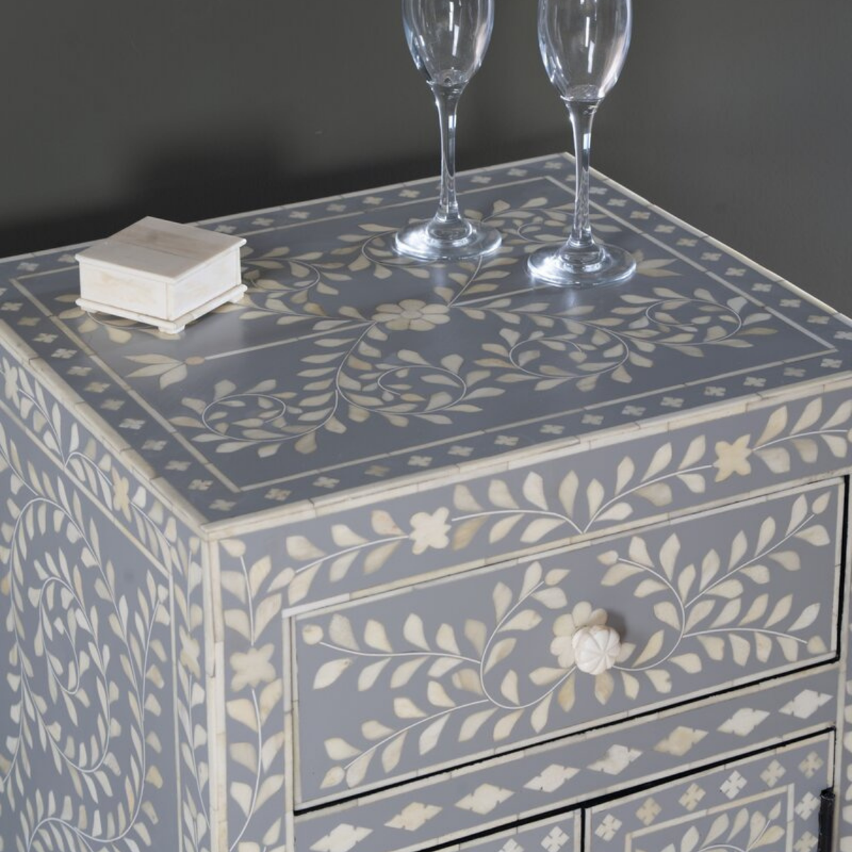 Handmade Grey Floral Bone Inlay Bedside Table | Luxury Nightstand with Drawer & Cabinet