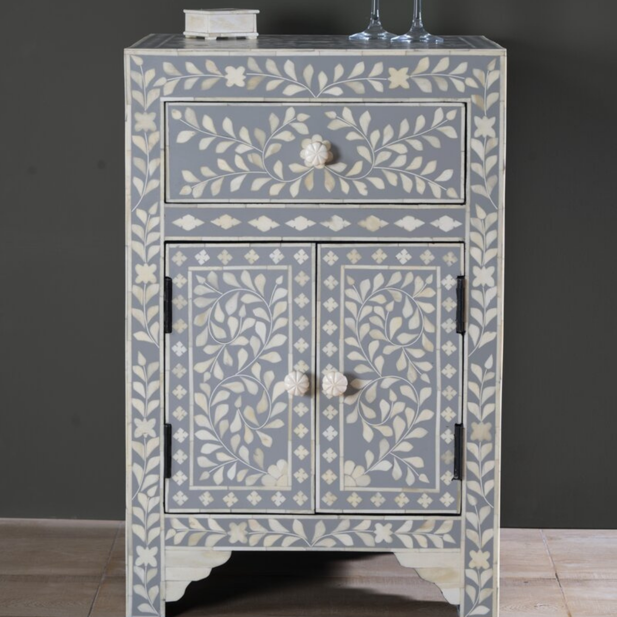Handmade Grey Floral Bone Inlay Bedside Table | Luxury Nightstand with Drawer & Cabinet