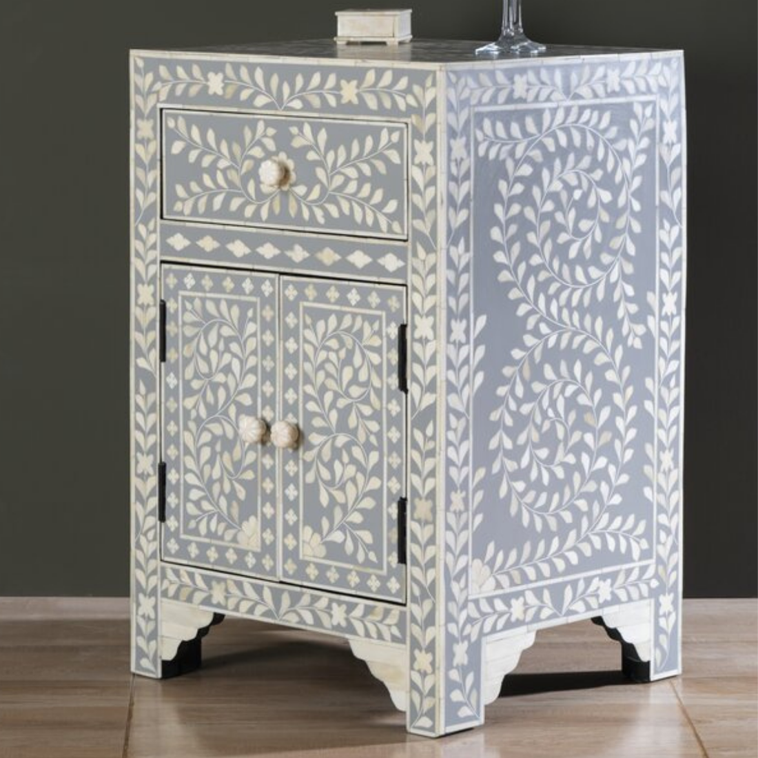 Handmade Grey Floral Bone Inlay Bedside Table | Luxury Nightstand with Drawer & Cabinet