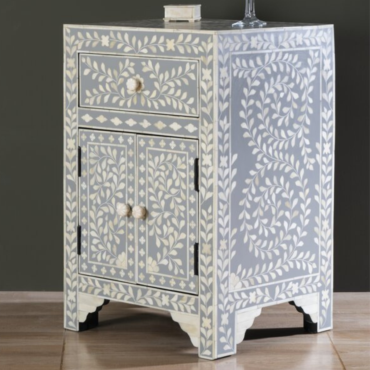 Handmade Grey Floral Bone Inlay Bedside Table | Luxury Nightstand with Drawer & Cabinet