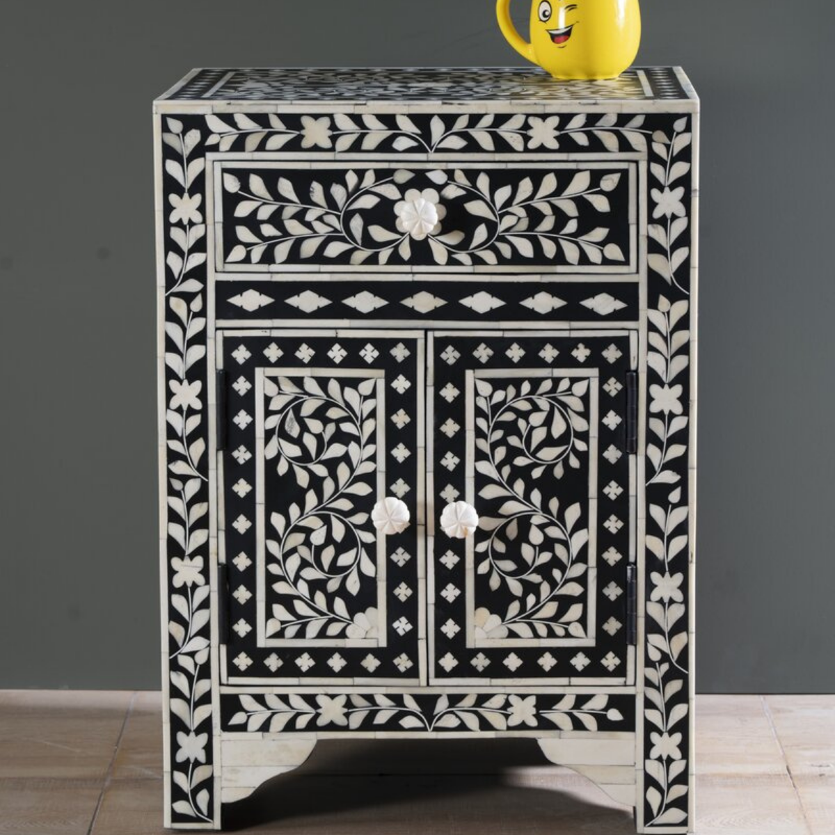 Handmade Black Floral Bone Inlay Bedside Table | Luxury Nightstand with Drawer & Cabinet