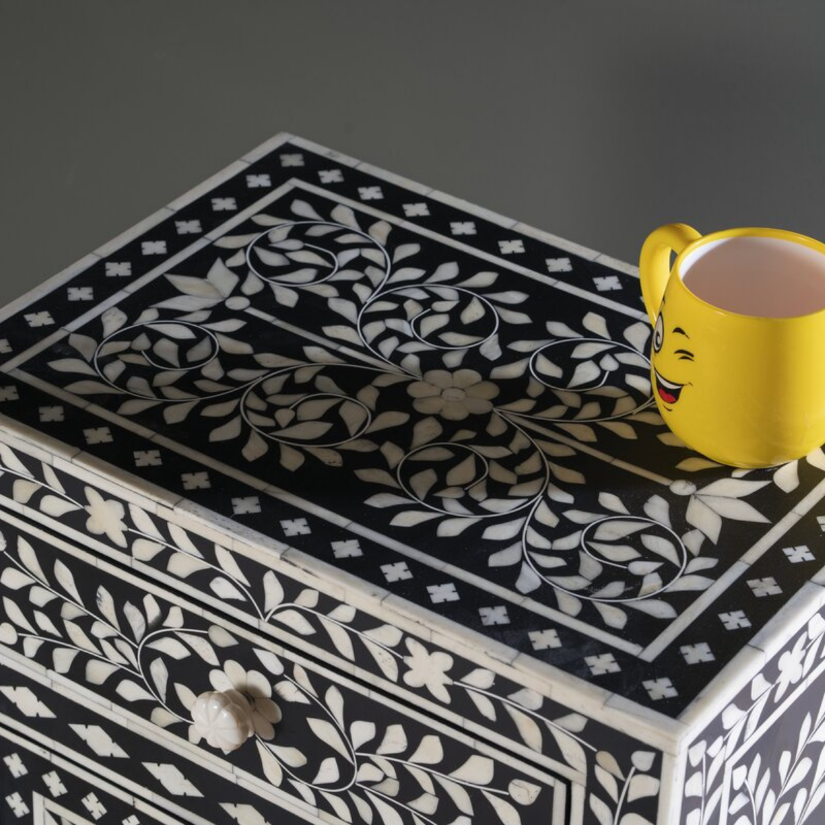 Handmade Black Floral Bone Inlay Bedside Table | Luxury Nightstand with Drawer & Cabinet