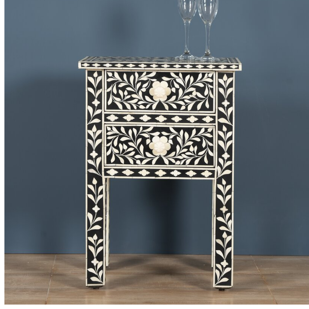 Handmade Black Floral Bone Inlay Bedside Table with 2 Drawers