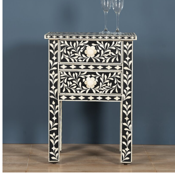 Handmade Black Floral Bone Inlay Bedside Table with 2 Drawers