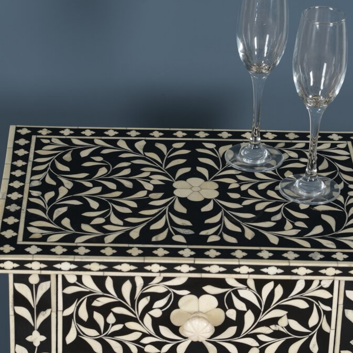 Handmade Black Floral Bone Inlay Bedside Table with 2 Drawers