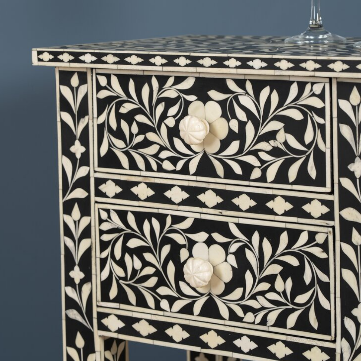 Handmade Black Floral Bone Inlay Bedside Table with 2 Drawers