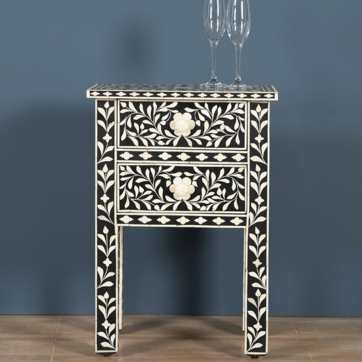 Handmade Black Floral Bone Inlay Bedside Table with 2 Drawers