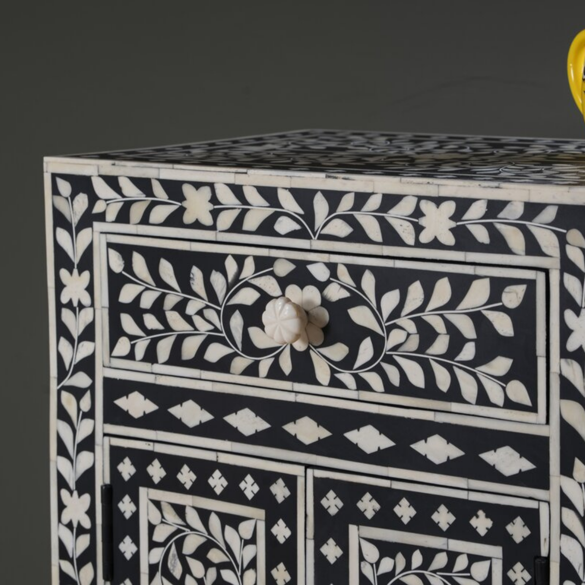 Handmade Black Floral Bone Inlay Bedside Table | Luxury Nightstand with Drawer & Cabinet