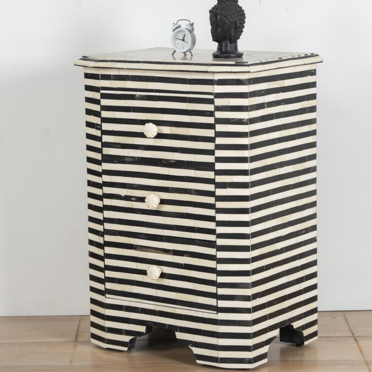 Handmade Black & White Stripe Bone Inlay 3 Drawer Bedside Table
