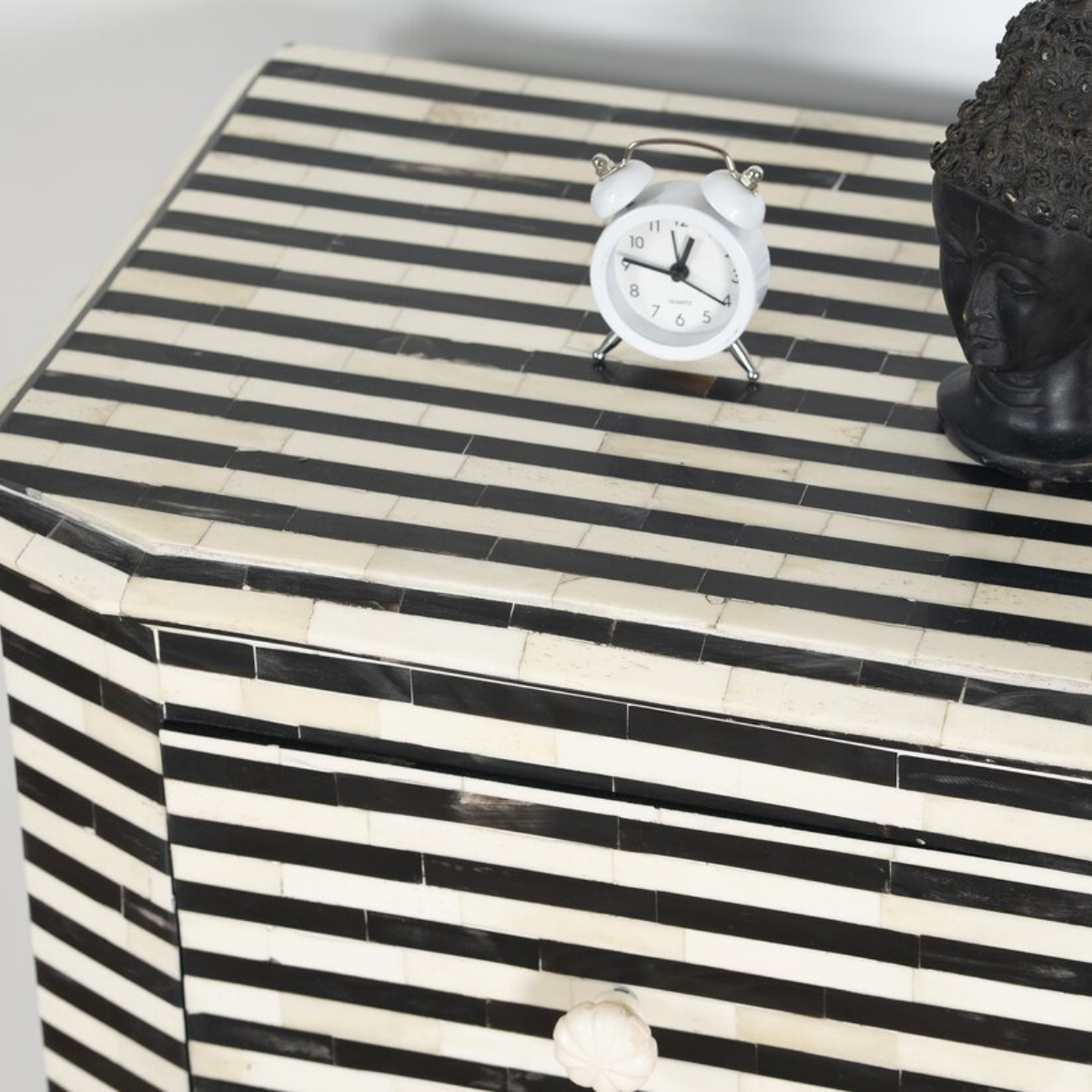Handmade Black & White Stripe Bone Inlay 3 Drawer Bedside Table