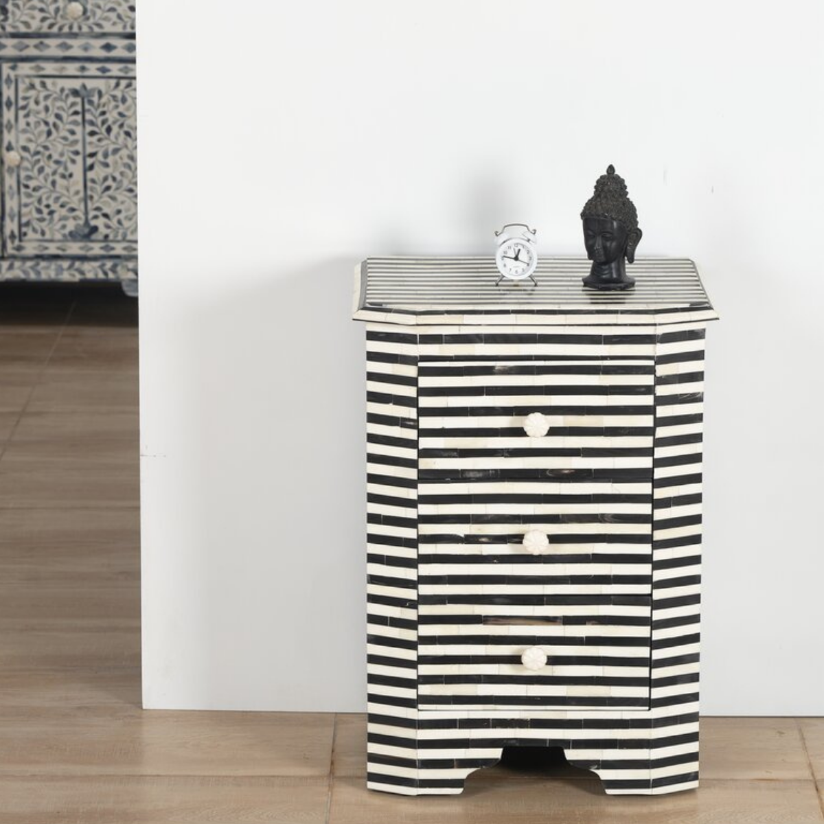 Handmade Black & White Stripe Bone Inlay 3 Drawer Bedside Table