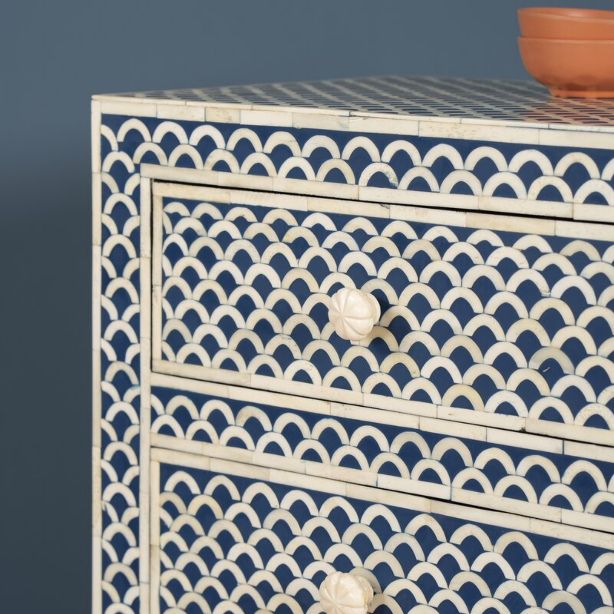 Handmade Blue Fish Scale Bone Inlay 3 Drawer Bedside Table | Coastal Luxury Nightstand
