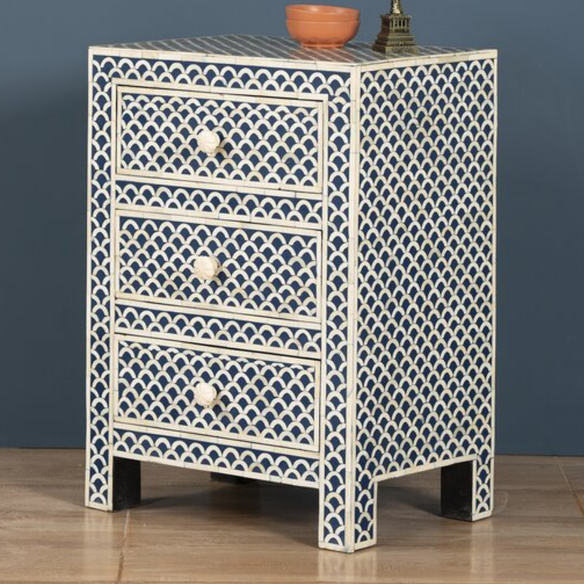 Handmade Blue Fish Scale Bone Inlay 3 Drawer Bedside Table | Coastal Luxury Nightstand