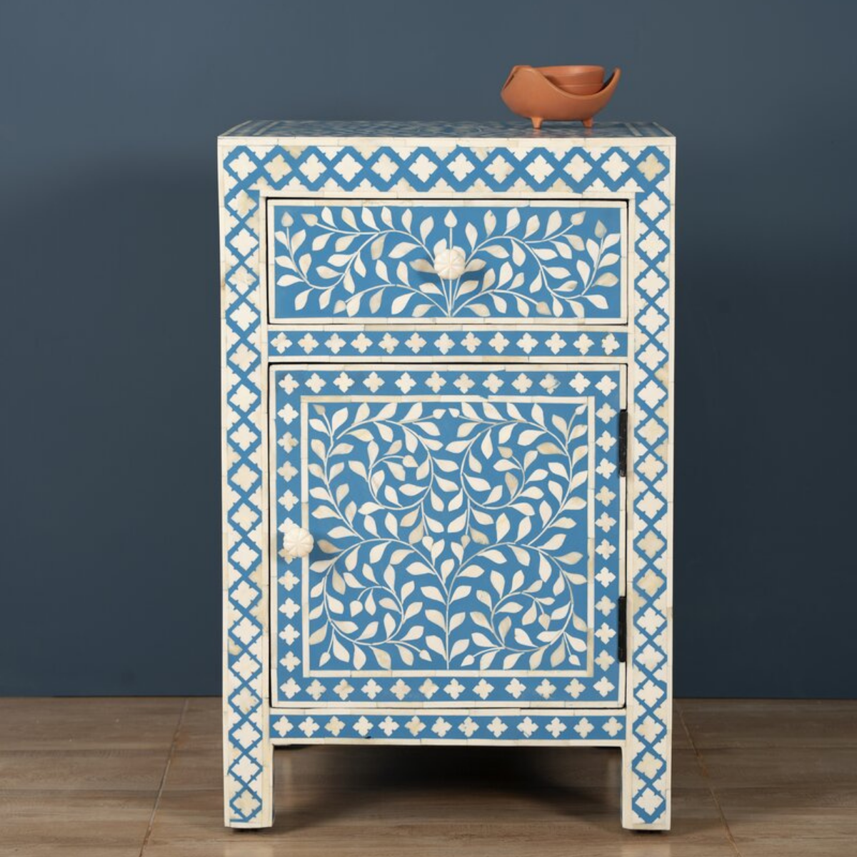 Handmade Blue Floral Bone Inlay Bedside Cabinet | Luxury Storage Nightstand