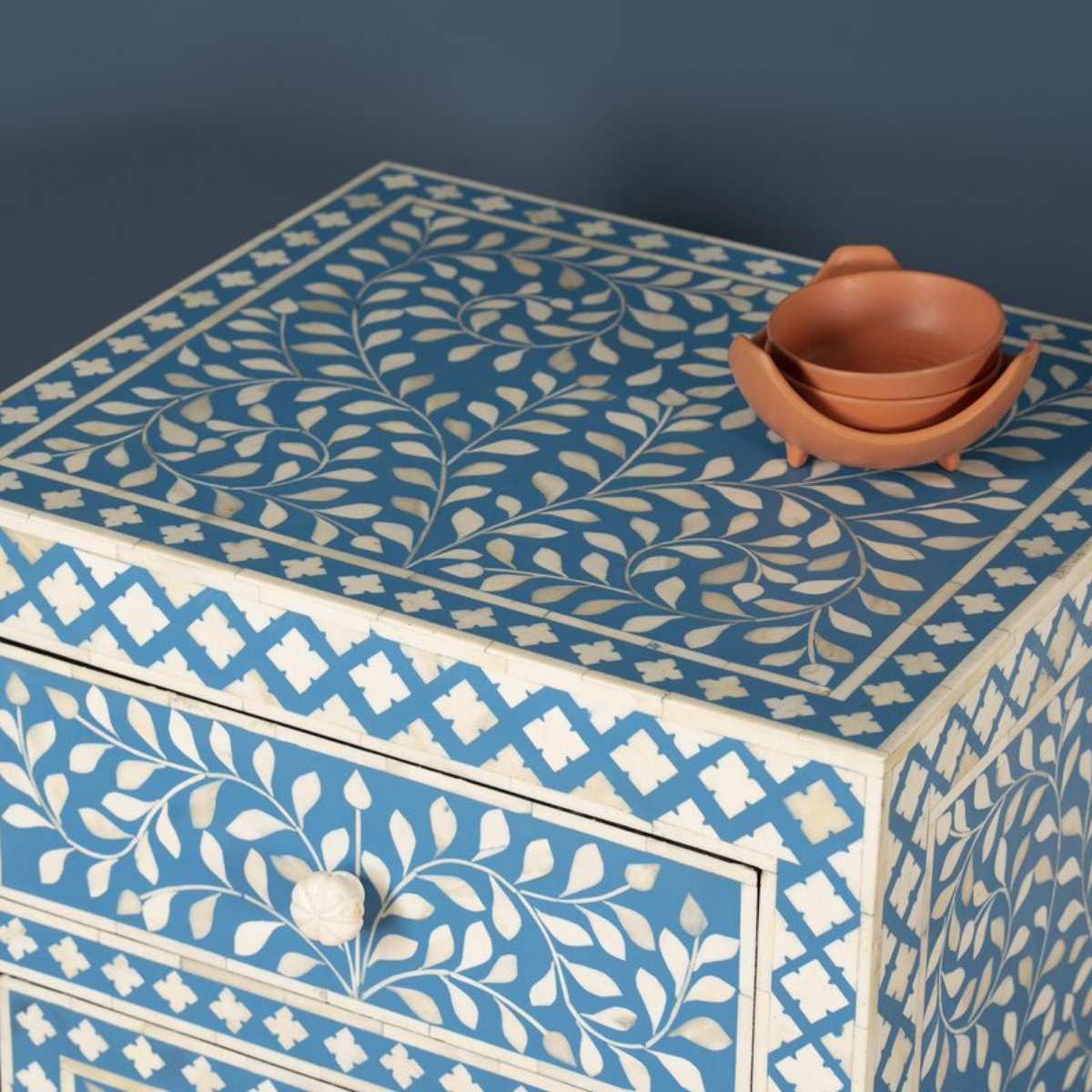Handmade Blue Floral Bone Inlay Bedside Cabinet | Luxury Storage Nightstand