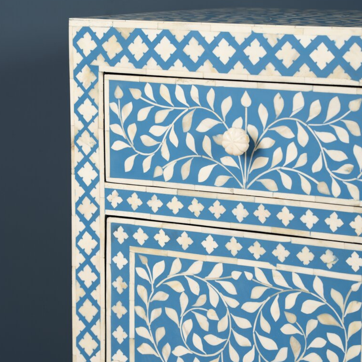 Handmade Blue Floral Bone Inlay Bedside Cabinet | Luxury Storage Nightstand