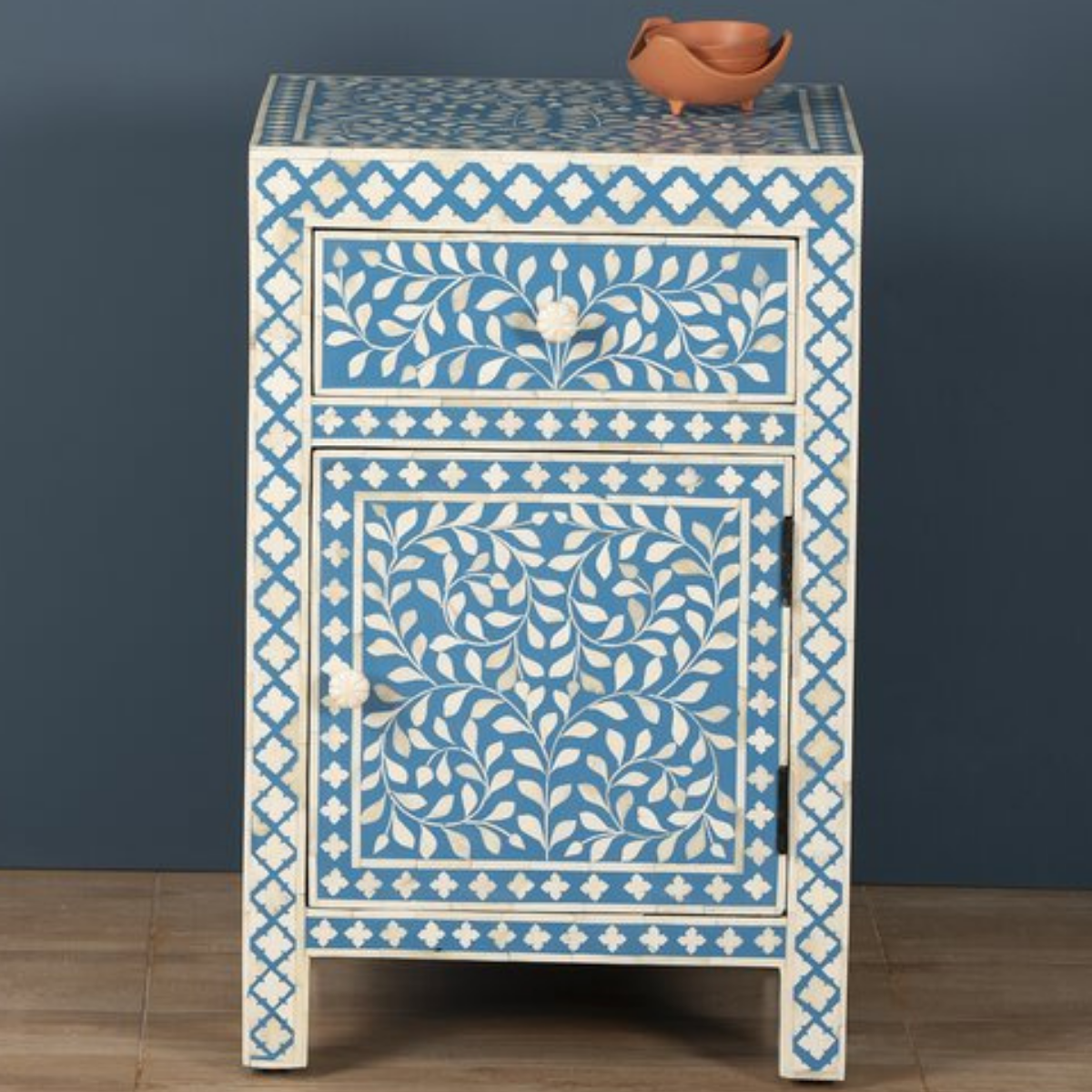 Handmade Blue Floral Bone Inlay Bedside Cabinet | Luxury Storage Nightstand
