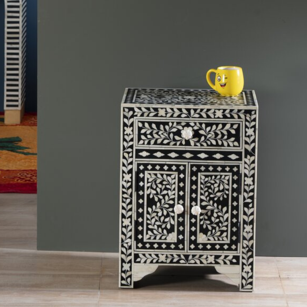 Handmade Black Floral Bone Inlay Bedside Table | Luxury Nightstand with Drawer & Cabinet