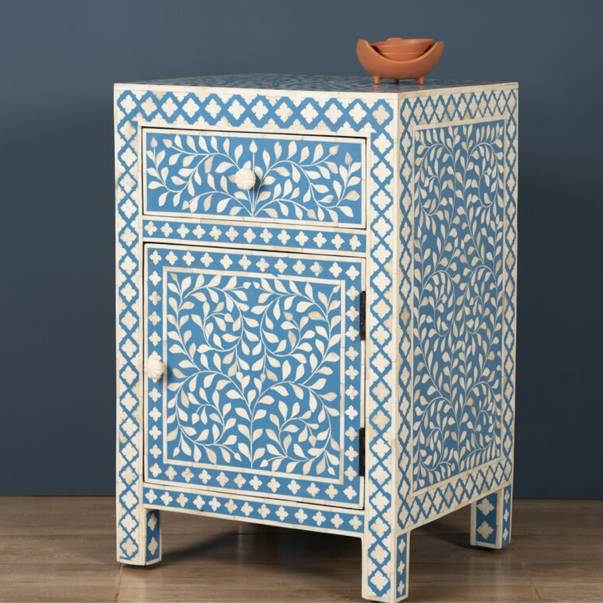 Handmade Blue Floral Bone Inlay Bedside Cabinet | Luxury Storage Nightstand
