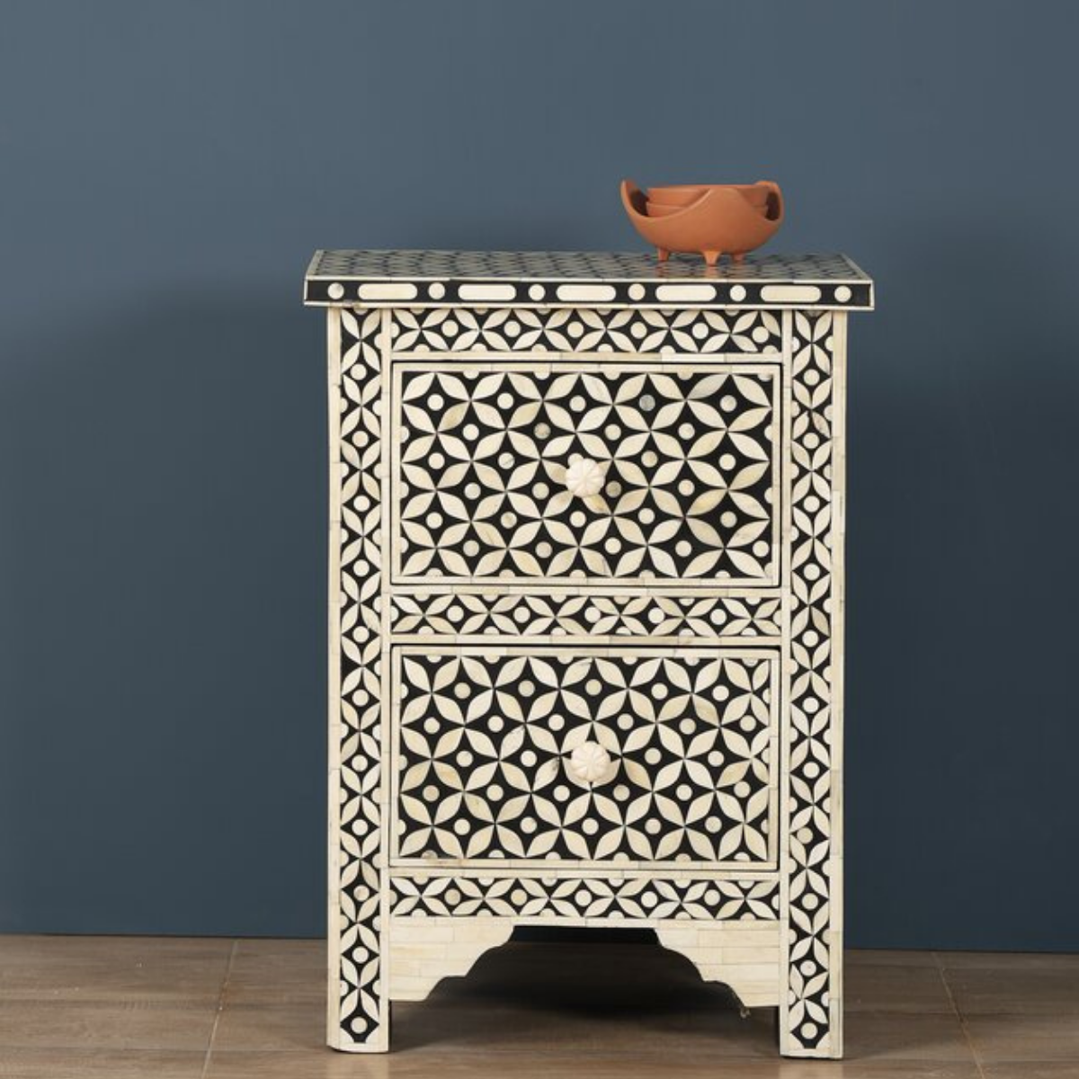 Handmade Black Geometric Bone Inlay 2 Drawer Bedside Table | Luxury Nightstand