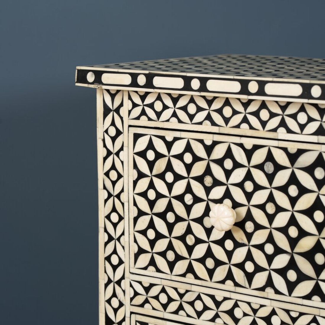 Handmade Black Geometric Bone Inlay 2 Drawer Bedside Table | Luxury Nightstand