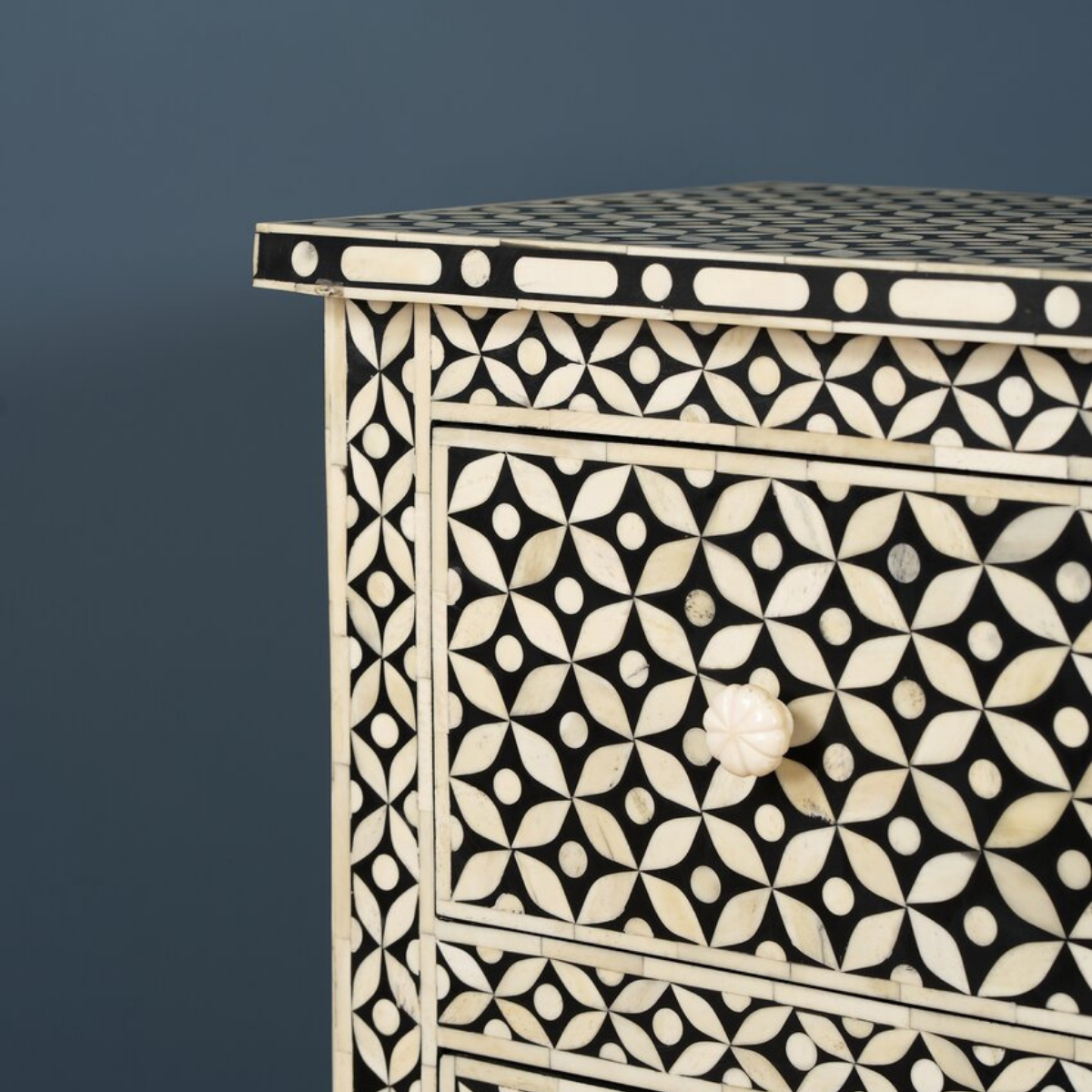 Handmade Black Geometric Bone Inlay 2 Drawer Bedside Table | Luxury Nightstand