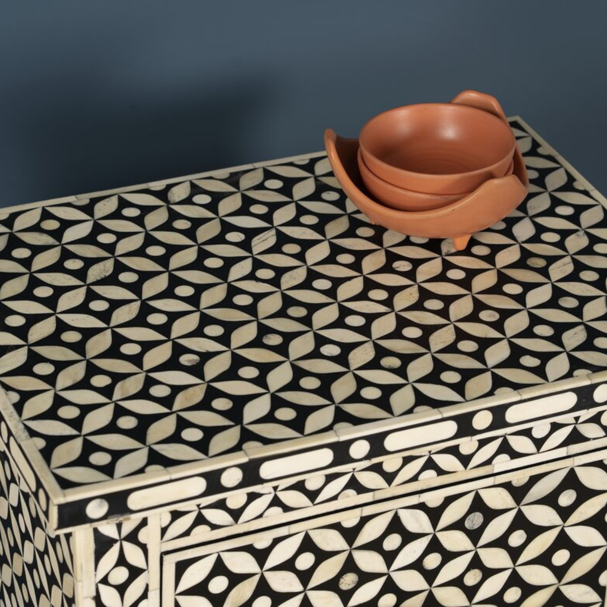 Handmade Black Geometric Bone Inlay 2 Drawer Bedside Table | Luxury Nightstand