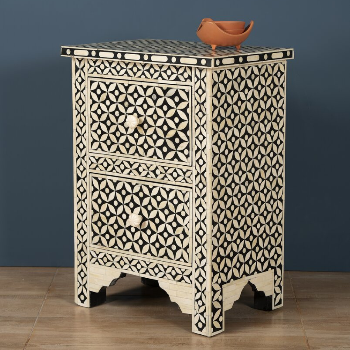 Handmade Black Geometric Bone Inlay 2 Drawer Bedside Table | Luxury Nightstand
