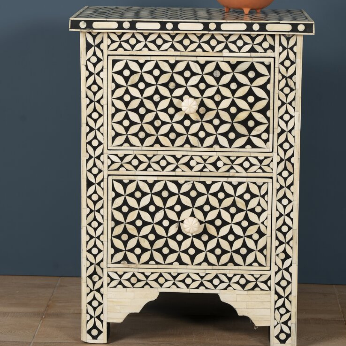 Handmade Black Geometric Bone Inlay 2 Drawer Bedside Table | Luxury Nightstand