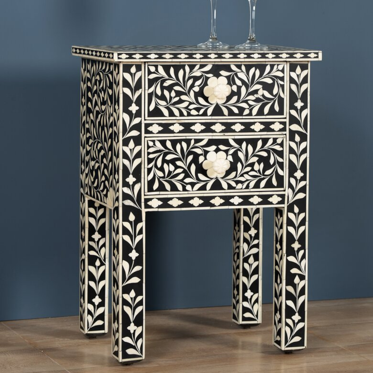 Handmade Black Floral Bone Inlay Bedside Table with 2 Drawers