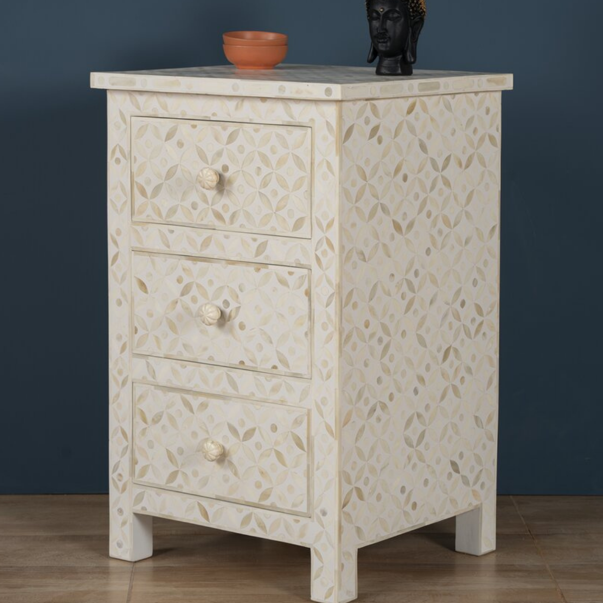 Handmade White Bone Inlay 3 Drawer Bedside Table | Luxury Floral Nightstand