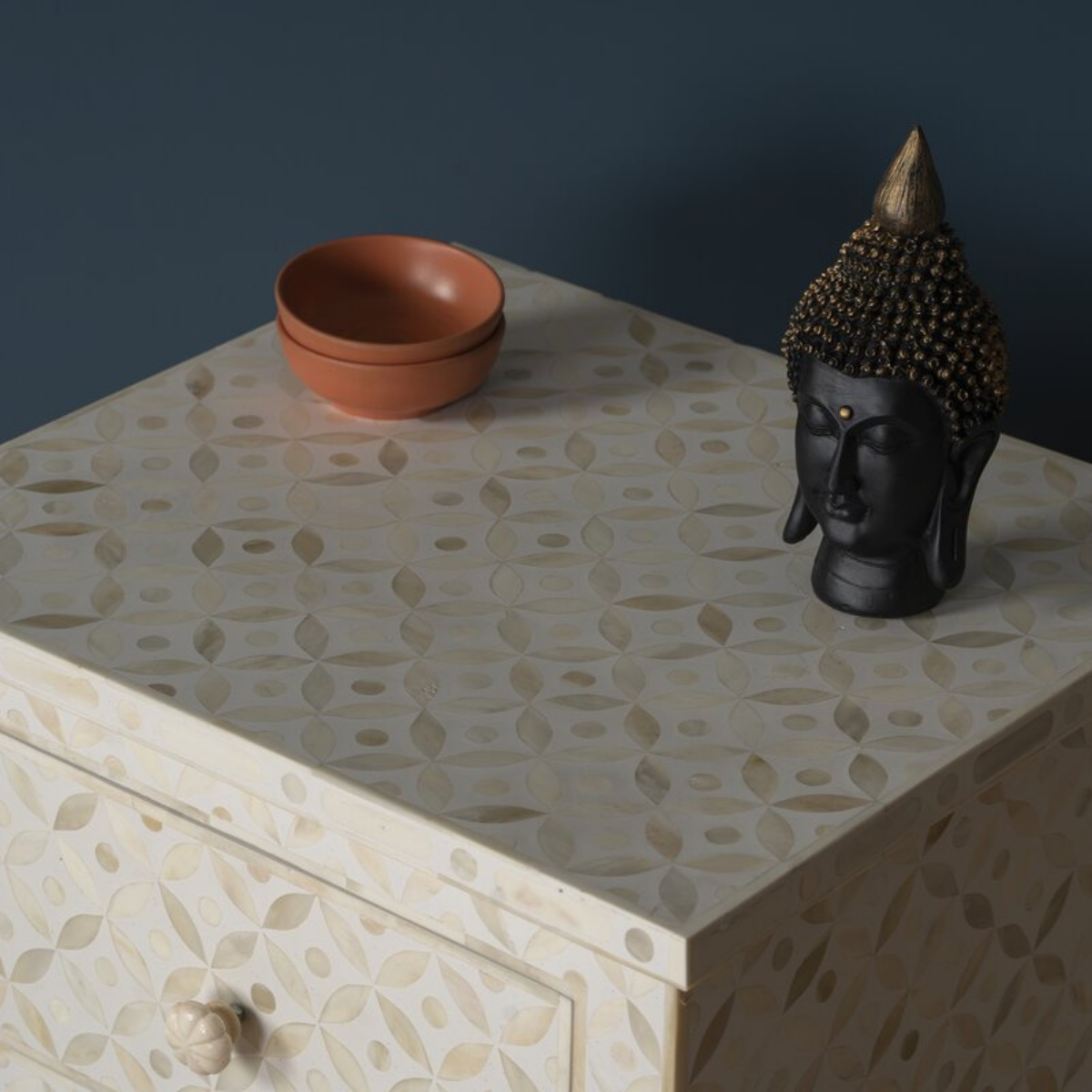 Handmade White Bone Inlay 3 Drawer Bedside Table | Luxury Floral Nightstand