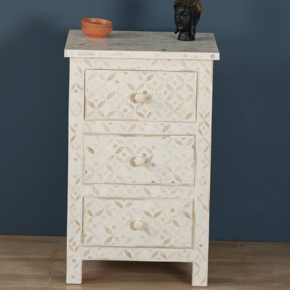 Handmade White Bone Inlay 3 Drawer Bedside Table | Luxury Floral Nightstand