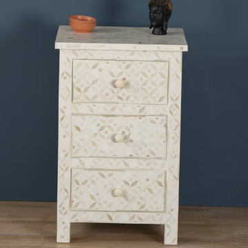 Handmade White Bone Inlay 3 Drawer Bedside Table | Luxury Floral Nightstand