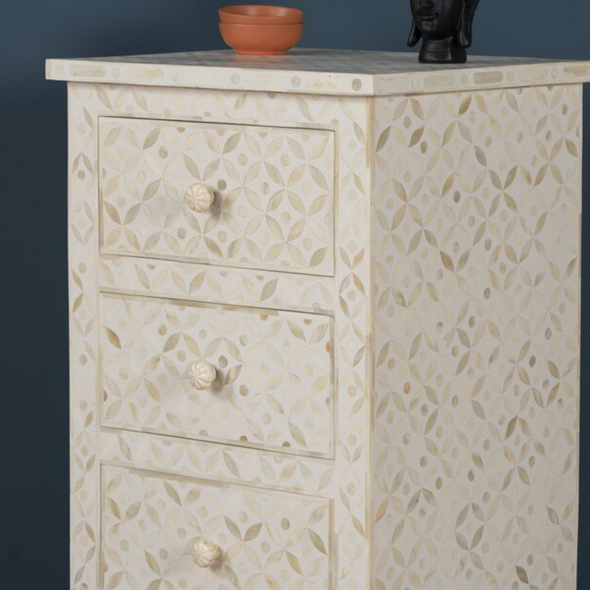 Handmade White Bone Inlay 3 Drawer Bedside Table | Luxury Floral Nightstand
