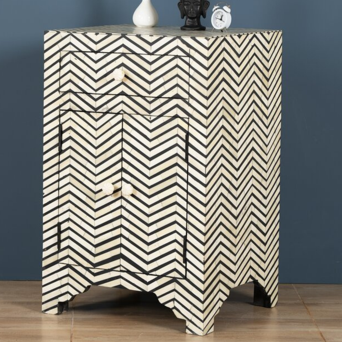 Handmade Black Zig Zag Bone Inlay Bedside Cabinet | Luxury Chevron Nightstand