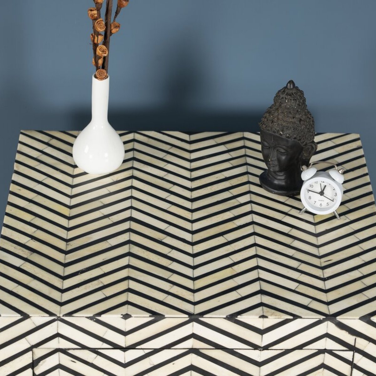 Handmade Black Zig Zag Bone Inlay Bedside Cabinet | Luxury Chevron Nightstand