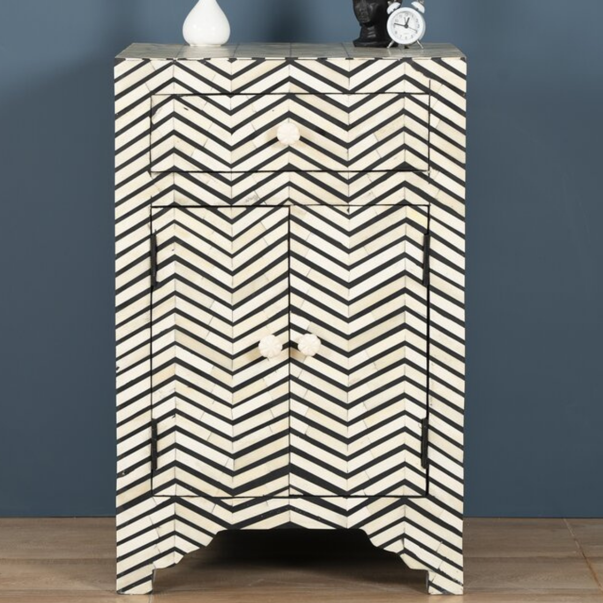 Handmade Black Zig Zag Bone Inlay Bedside Cabinet | Luxury Chevron Nightstand
