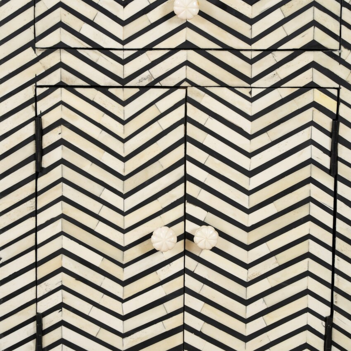 Handmade Black Zig Zag Bone Inlay Bedside Cabinet | Luxury Chevron Nightstand