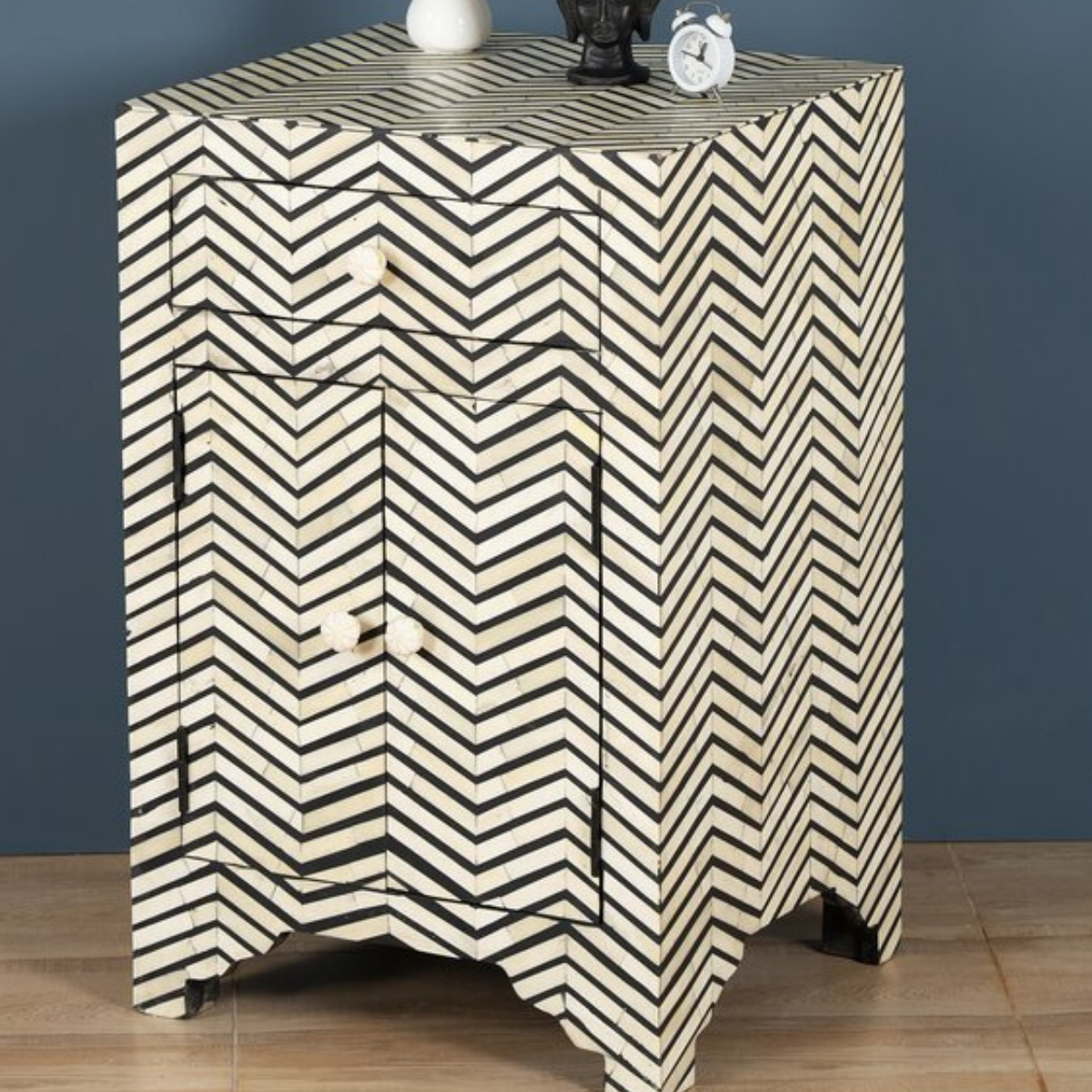 Handmade Black Zig Zag Bone Inlay Bedside Cabinet | Luxury Chevron Nightstand