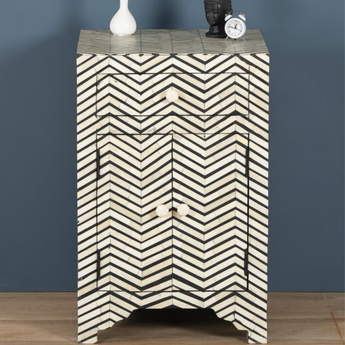 Handmade Black Zig Zag Bone Inlay Bedside Cabinet | Luxury Chevron Nightstand