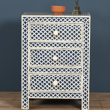 Handmade Blue Fish Scale Bone Inlay 3 Drawer Bedside Table | Coastal Luxury Nightstand