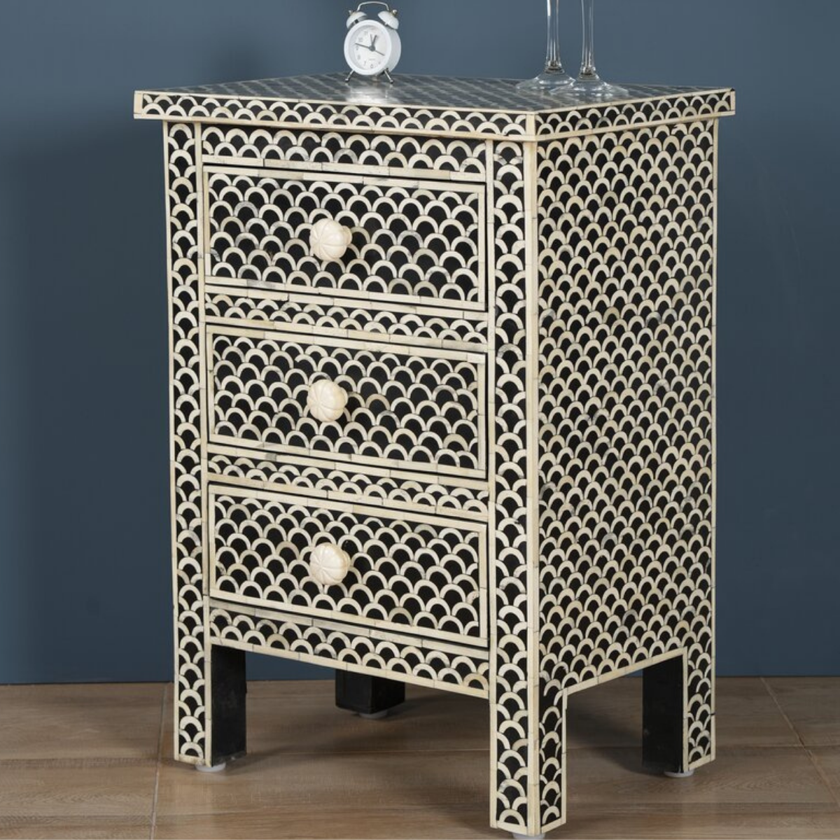 Handmade Black Fish Scale Bone Inlay 3 Drawer Bedside Table | Luxury Nightstand