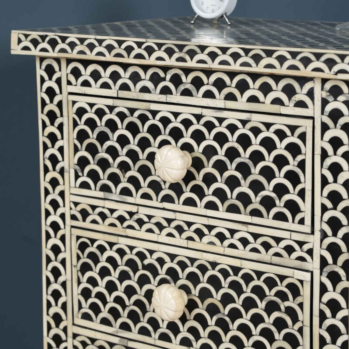 Handmade Black Fish Scale Bone Inlay 3 Drawer Bedside Table | Luxury Nightstand